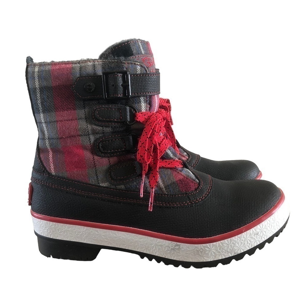 Ugg Decatur Red & Black Plaid Lace Up‎ Rubber Duck Winter Boots 6